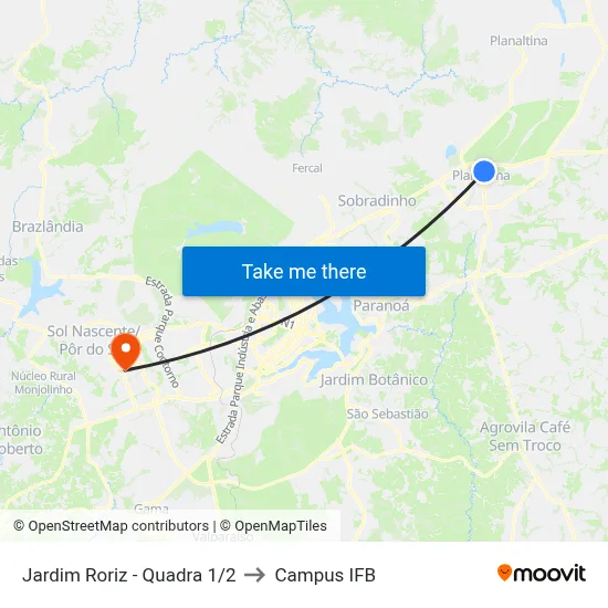 Jardim Roriz - Quadra 1/2 to Campus IFB map