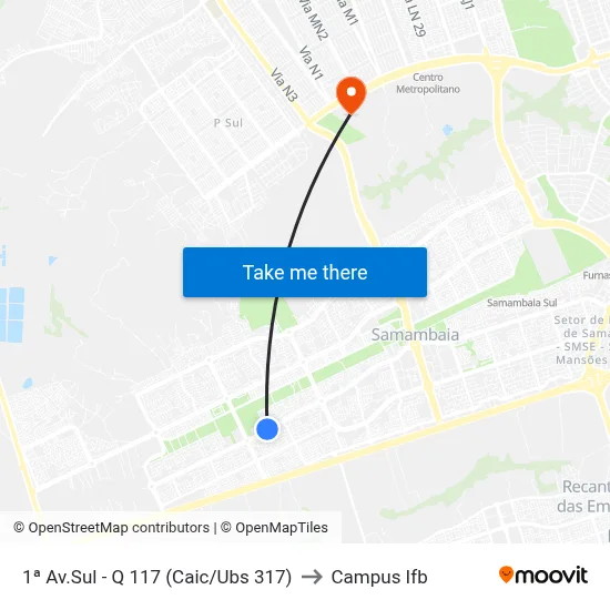 1ª Av.Sul - Q 117 (Caic/Ubs 317) to Campus Ifb map