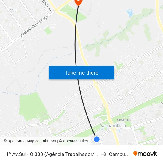 1ª Av.Sul - Q 303 (Agência Trabalhador/Correios) to Campus Ifb map