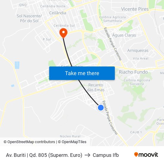 Av. Buriti | Qd. 805 (Superm. Euro) to Campus Ifb map