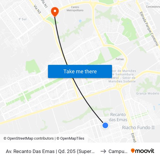 Av. Recanto Das Emas | Qd. 205 (Supermercado Euro) to Campus Ifb map