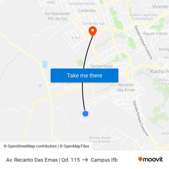 Av. Recanto Das Emas | Qd. 115 to Campus Ifb map