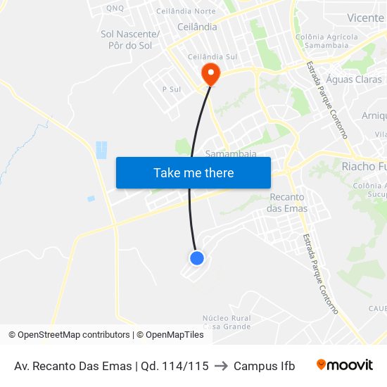 Av. Recanto Das Emas | Qd. 114/115 to Campus Ifb map