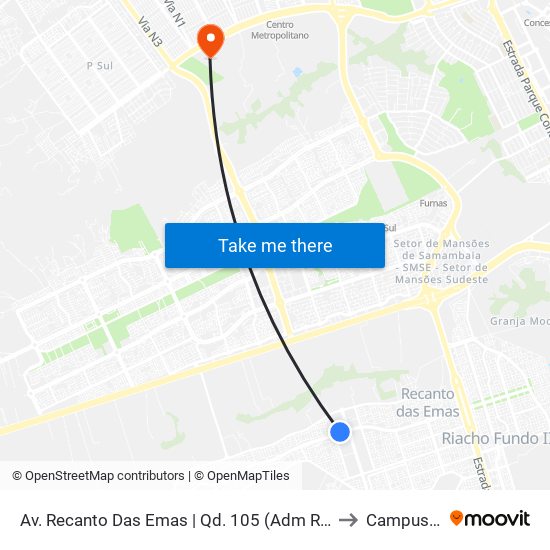 Av. Recanto Das Emas | Qd. 105 (Adm Regional) to Campus Ifb map