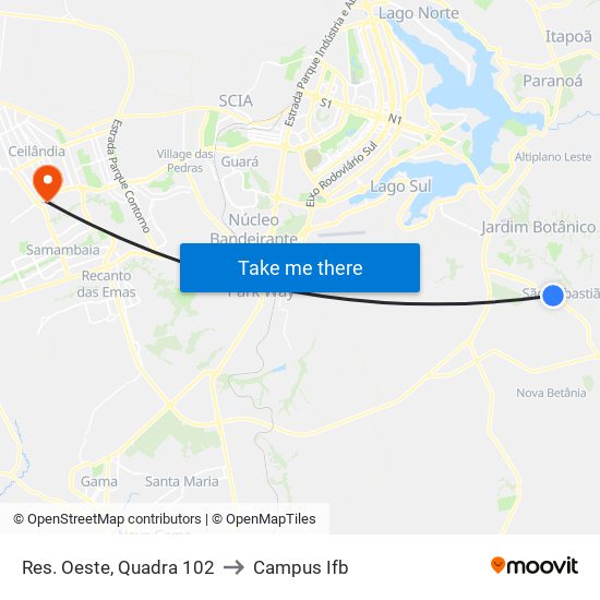 Res. Oeste, Quadra 102 to Campus Ifb map