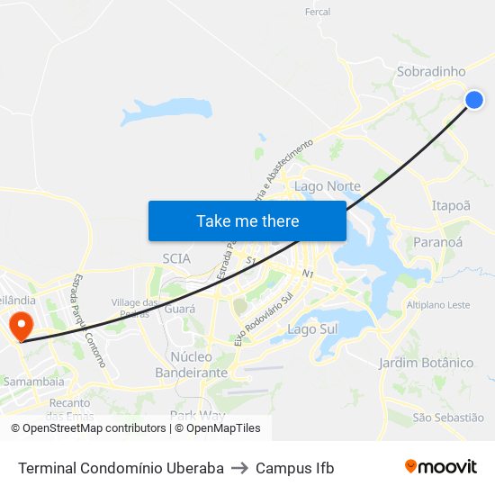 Terminal Condomínio Uberaba to Campus Ifb map