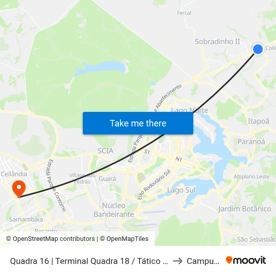 Quadra 16 | Terminal Quadra 18 / Tático Supermercado to Campus IFB map