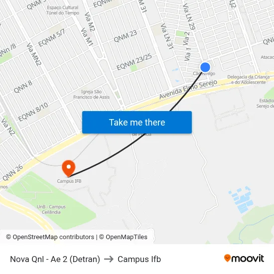 Nova Qnl - Ae 2 (Detran) to Campus Ifb map