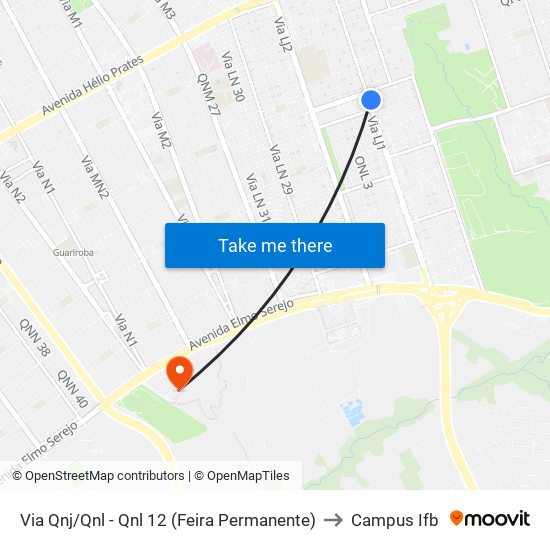 Via Qnj/Qnl - Qnl 12 (Feira Permanente) to Campus Ifb map