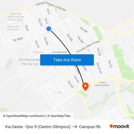 Via Oeste - Qno 9 (Centro Olímpico) to Campus Ifb map