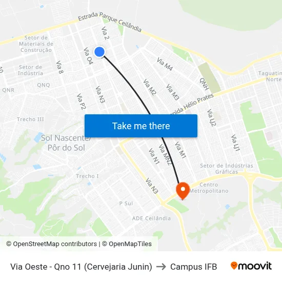 Via Oeste - Qno 11 (Cervejaria Junin) to Campus IFB map