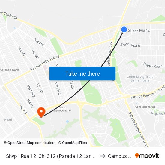 Shvp | Rua 12, Ch. 312 (Parada 12 Lanches) to Campus Ifb map