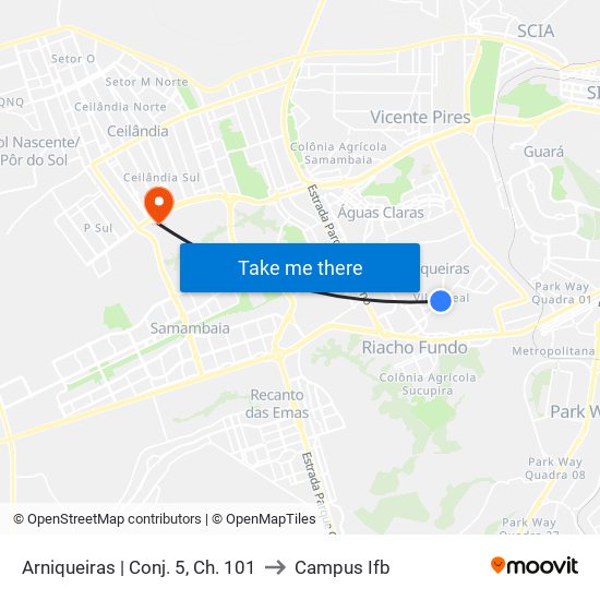 Arniqueiras | Conj. 5, Ch. 101 to Campus Ifb map