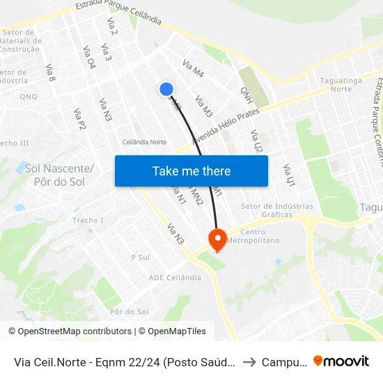 Via Ceil.Norte - Eqnm 22/24 (Posto Saúde 5/Fac. Projeção) to Campus IFB map