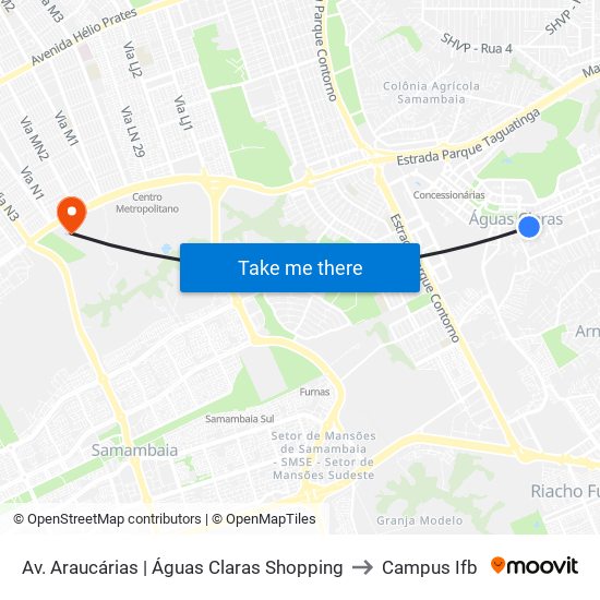 Av. Araucárias | Águas Claras Shopping to Campus Ifb map