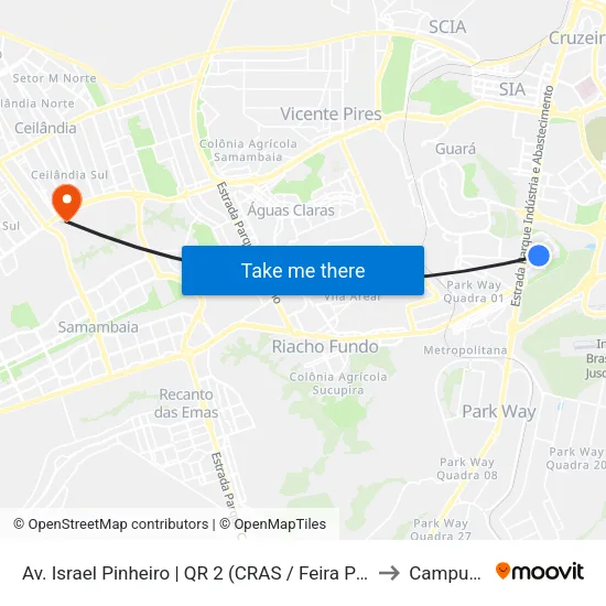 Av. Israel Pinheiro | QR 2 (CRAS / Feira Permanente) to Campus Ifb map