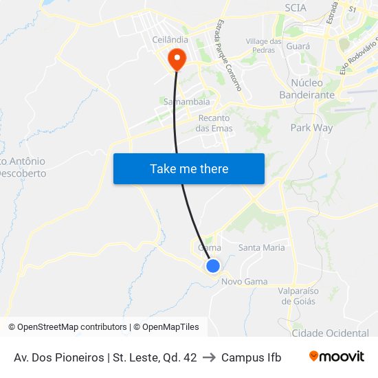 Av. Dos Pioneiros | St. Leste, Qd. 42 to Campus Ifb map