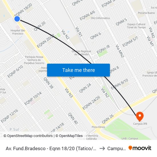 Av. Fund.Bradesco - Eqnn 18/20 (Tatico/Hosp. Anchieta) to Campus Ifb map