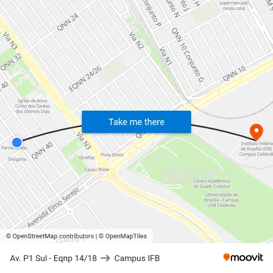 Av. P1 Sul - Eqnp 14/18 to Campus IFB map