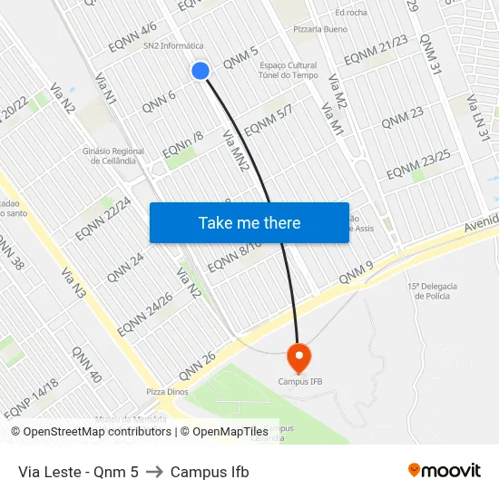 Via Leste - Qnm 5 to Campus Ifb map