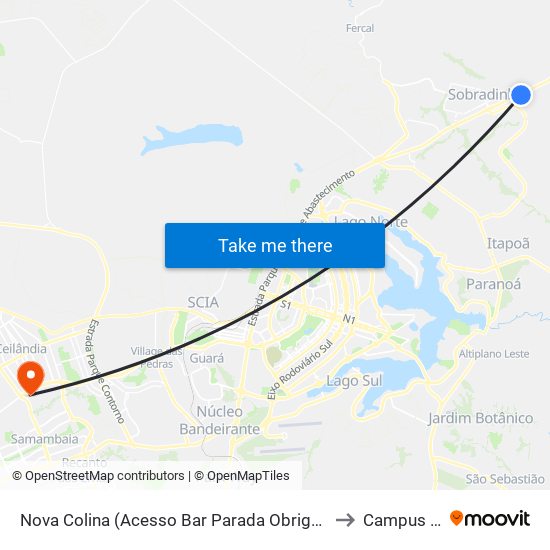 Nova Colina (Acesso Bar Parada Obrigatória) to Campus Ifb map
