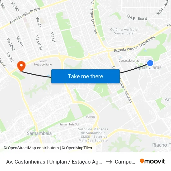 Av. Castanheiras | Uniplan / Estação Águas Claras to Campus Ifb map