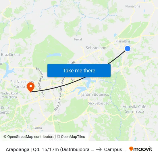 Arapoanga | Qd. 15/17m (Distribuidora Bigode) to Campus IFB map