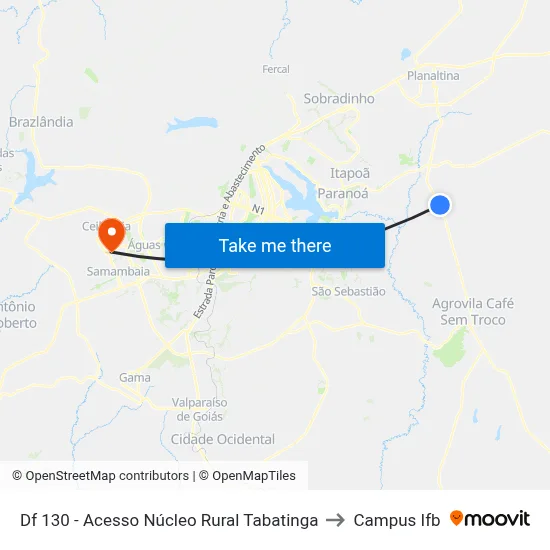 Df 130 - Acesso Núcleo Rural Tabatinga to Campus Ifb map