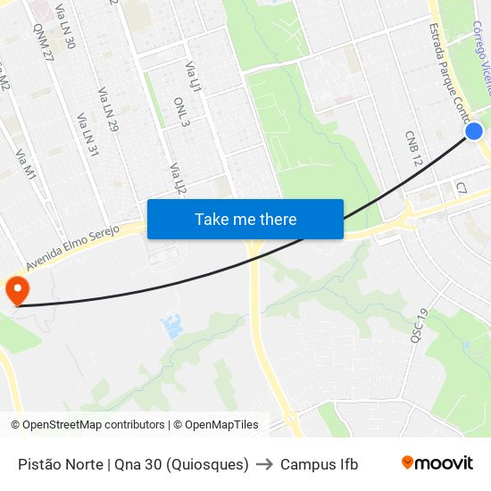 Pistão Norte | Qna 30 (Quiosques) to Campus Ifb map