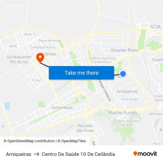 Arniqueiras to Centro De Saúde 10 De Ceilândia map