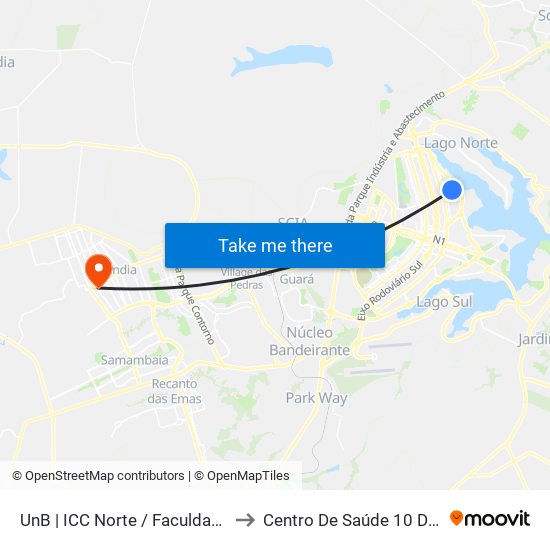 UnB | ICC Norte / Faculdade de Direito to Centro De Saúde 10 De Ceilândia map