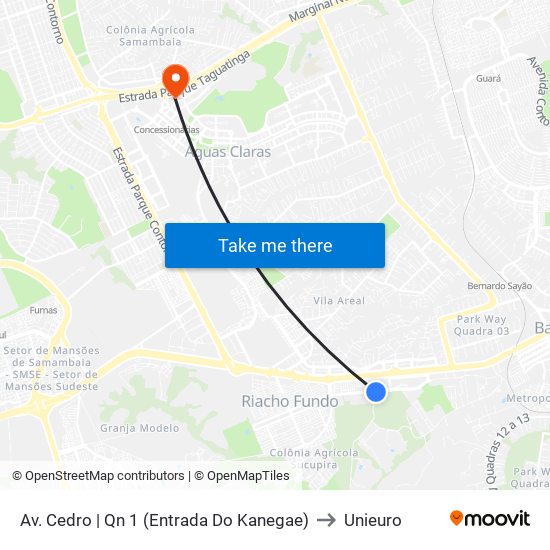 Av. Cedro | Qn 1 (Entrada Do Kanegae) to Unieuro map