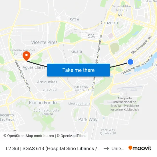 L2 Sul | SGAS 613 (Hospital Sírio Libanês / HOME) to Unieuro map