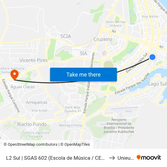 L2 Sul | SGAS 602 (Escola de Música / CESAS) to Unieuro map