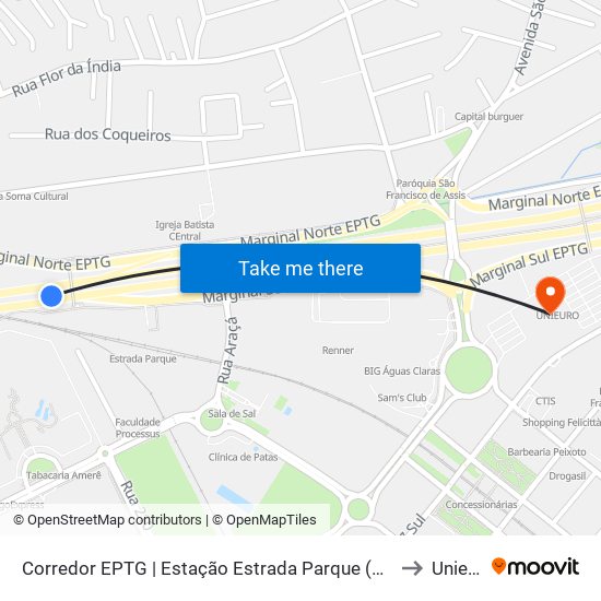 Corredor EPTG | Estação Estrada Parque (Sentido BSB) to Unieuro map