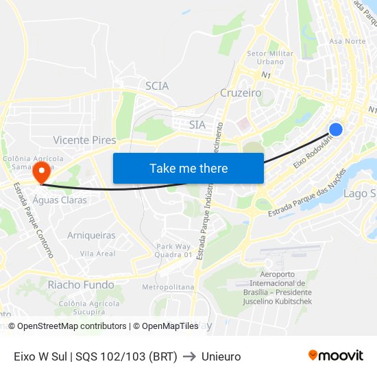 Eixo W Sul | SQS 102/103 (BRT) to Unieuro map