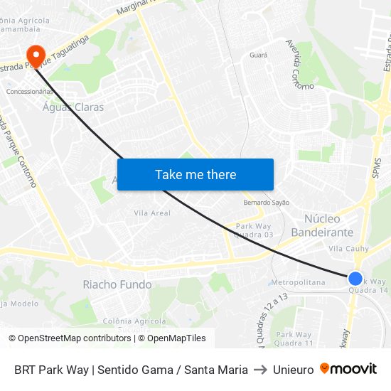 BRT Park Way | Sentido Gama / Santa Maria to Unieuro map