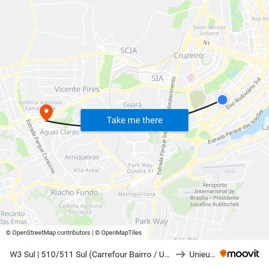 W3 Sul | 510/511 Sul (Carrefour Bairro / UPIS) to Unieuro map