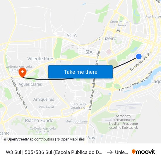 W3 Sul | 505/506 Sul (Escola Pública do DETRAN-DF) to Unieuro map