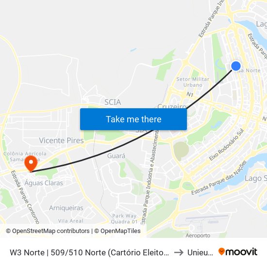 W3 Norte | 509/510 Norte (Cartório Eleitoral) to Unieuro map