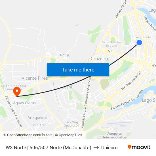 W3 Norte | 506/507 Norte (McDonald's) to Unieuro map