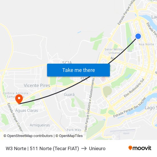 W3 Norte | 511 Norte (Tecar FIAT) to Unieuro map