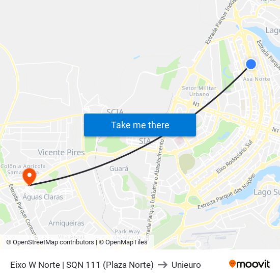 Eixo W Norte | SQN 111 (Plaza Norte) to Unieuro map