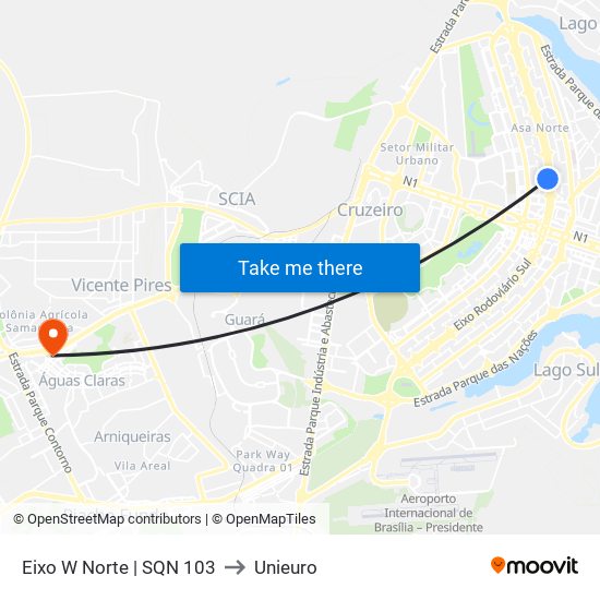 Eixo W Norte | SQN 103 to Unieuro map