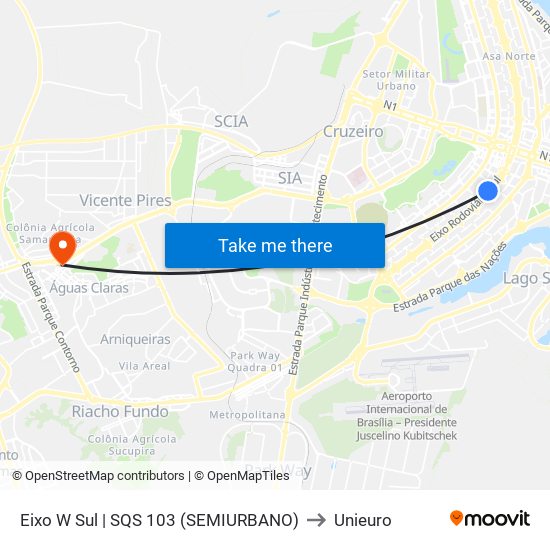 Eixo W Sul | SQS 103 (SEMIURBANO) to Unieuro map