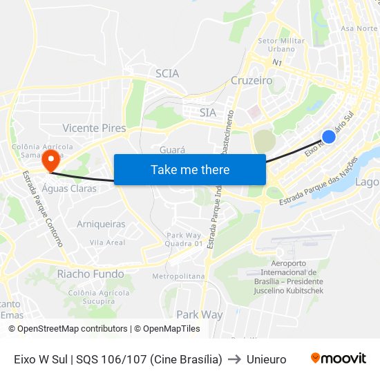 Eixo W Sul | SQS 106/107 (Cine Brasília) to Unieuro map