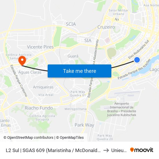 L2 Sul | SGAS 609 (Maristinha / McDonald's) to Unieuro map