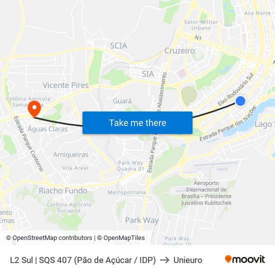 L2 Sul | SQS 407 (Pão de Açúcar / IDP) to Unieuro map