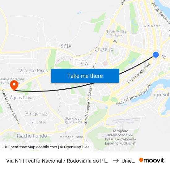 Via N1 | Teatro Nacional / Rodoviária do Plano Piloto to Unieuro map