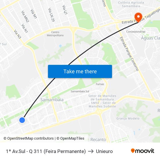 1ª Av.Sul - Q 311 (Feira Permanente) to Unieuro map